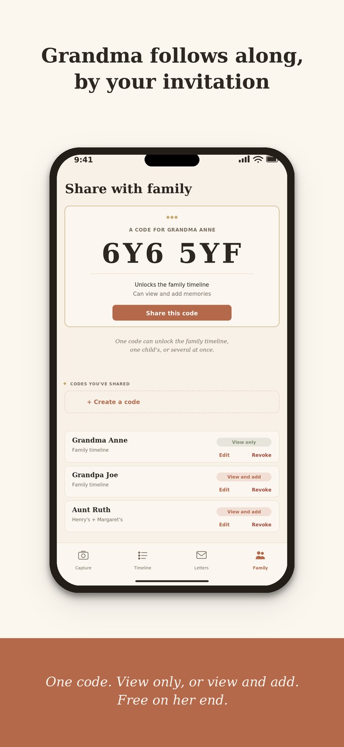 Grandma follows along by your invitation, with a family access code
